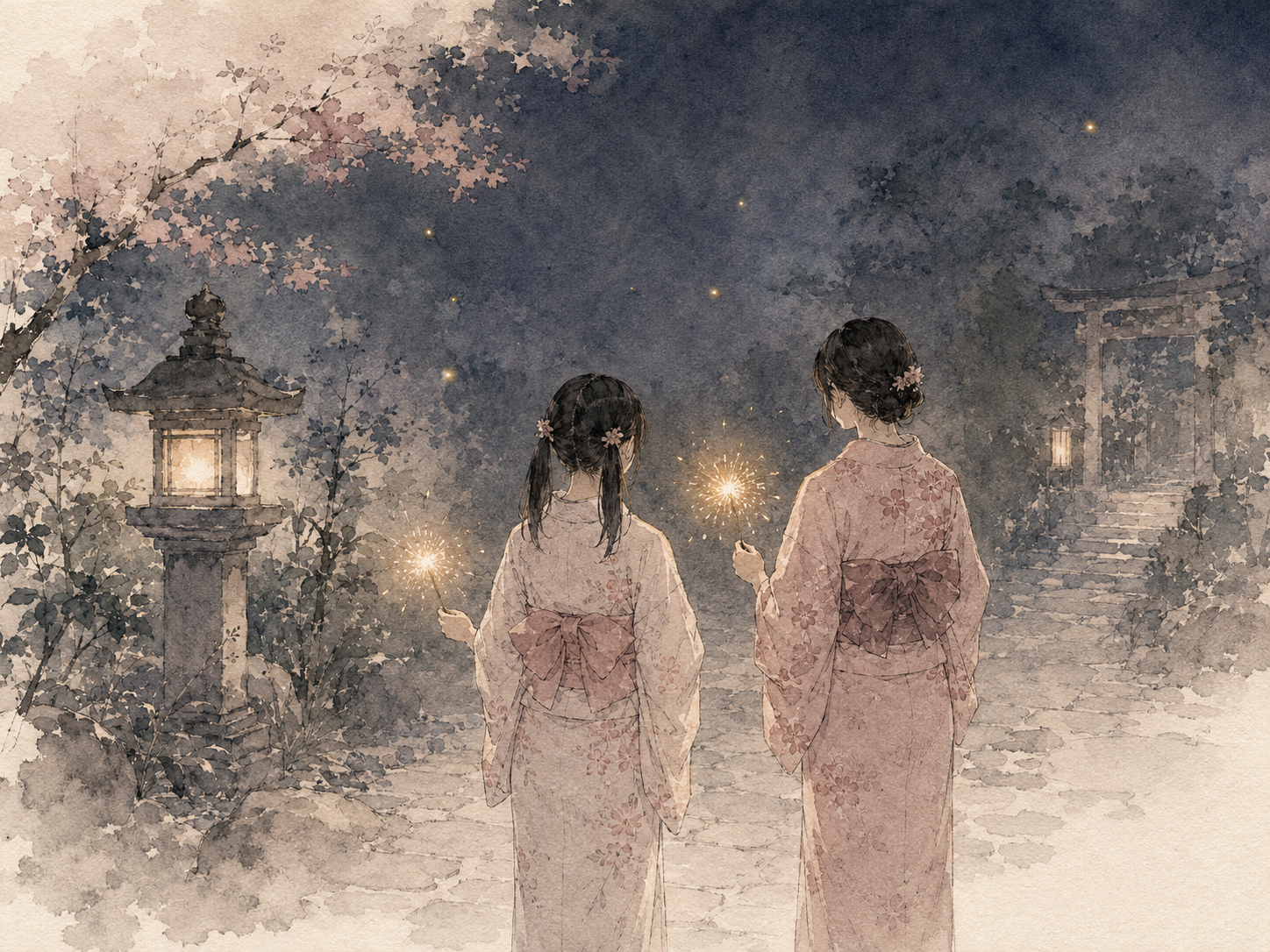 神社の夏夜に友だちと手持ち花火を楽しむ水彩イラスト