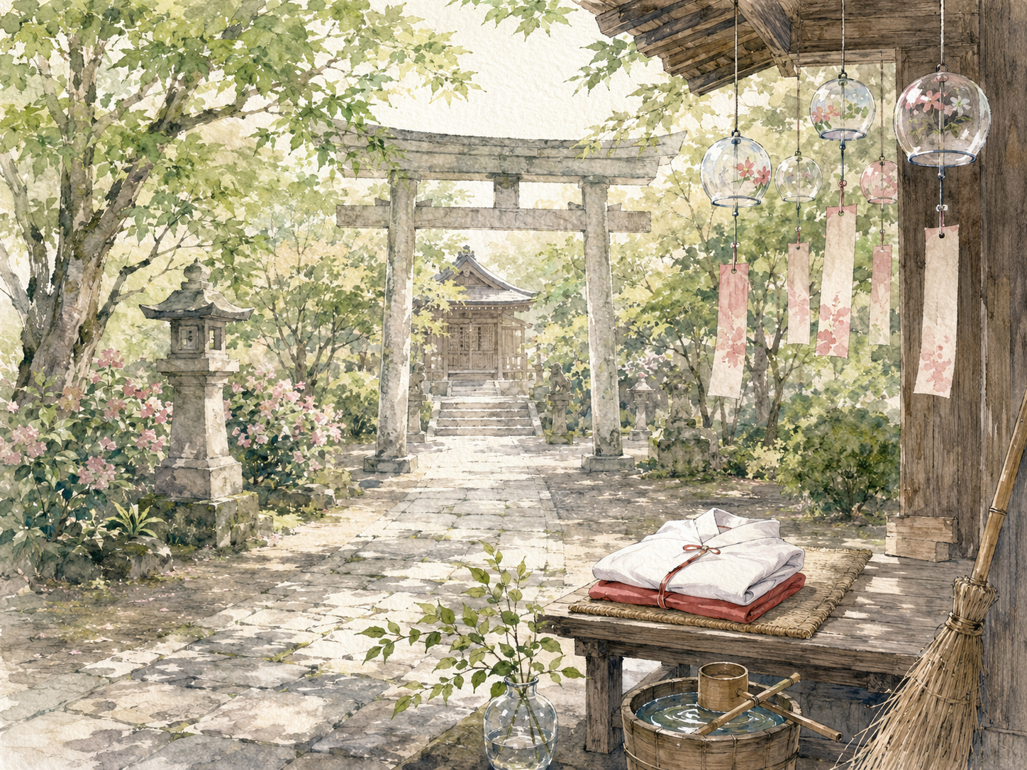 風鈴が揺れる夏の神社と畳まれた装束の水彩イラスト