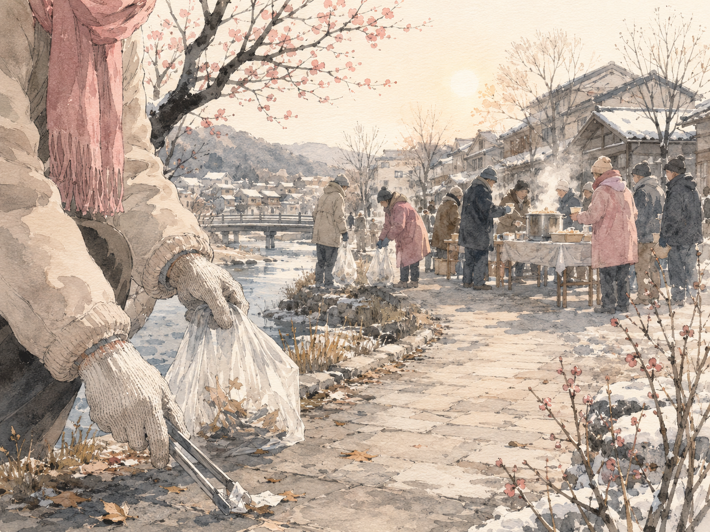 地域の清掃と冬の炊き出しを描いた水彩イラスト